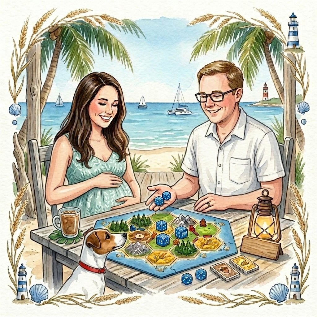 A beautiful beach watercolor illustration of a pregnant mother Kelly, a happy smiling father Christian, and their Jack Russell Terrier Freyja sitting at a rustic wooden table under palm trees on a sandy beach, playing a Catan-like hex-tile board game, framed by wheat and shells with lighthouses.
